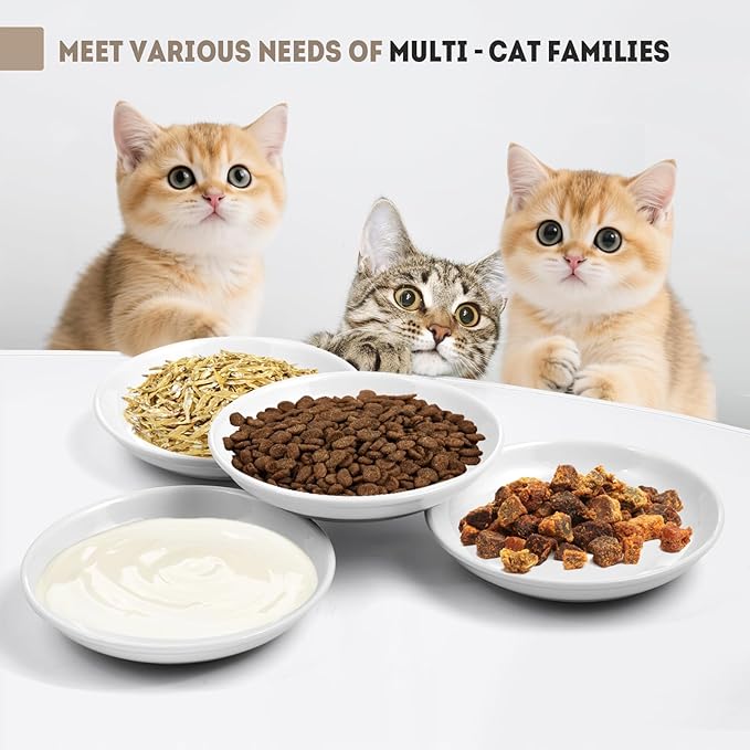 Ceramic Cat Food Bowls for Indoor Cats and Kitten, 4 Cute Cat Feeding Bowls Shallow Whisker Relief Dishes for Cats, 5.9" Wide Pet Plates for Wet & Dry Food and Water, Non-Slip Base, with 4 Spring Toys