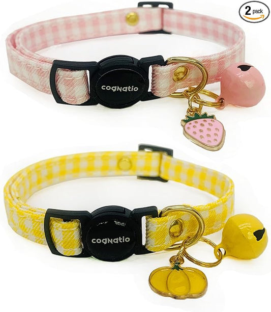 2 Pack Cotton Breakaway cat Collars with Bell,Safety Quick Release Pendant Cute Kitten Collar,Adjustable 20-30cm (Baby Pink+Lemon, 20-30cm)