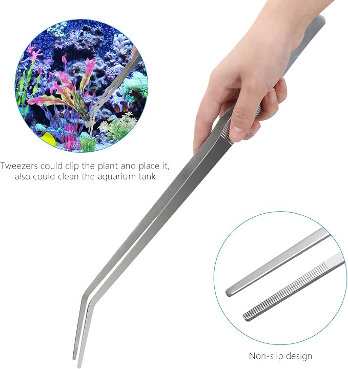 15" Aquarium Aquascape Tools Kit 4P Stainless Steel Aquascaping Set | 4in1 Extra Long Full Metal Design, Scissors, 2P Tweezers And Sand Spatula, For Trimming Plants, Arranging Sand And Aquascape
