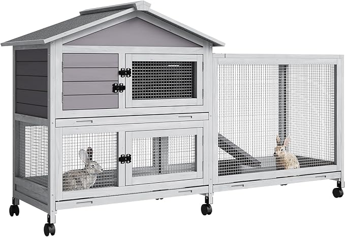 GarveeTech 63" 2-Story Wooden Rabbit Hutch Indoor, Large Bunny Cage Outdoor with 6 Lockable Wheels, Pull-Out Tray & Weatherproof Roof, Small Animal Cage for Rabbit Guinea Pig Chicken Duck, Grey