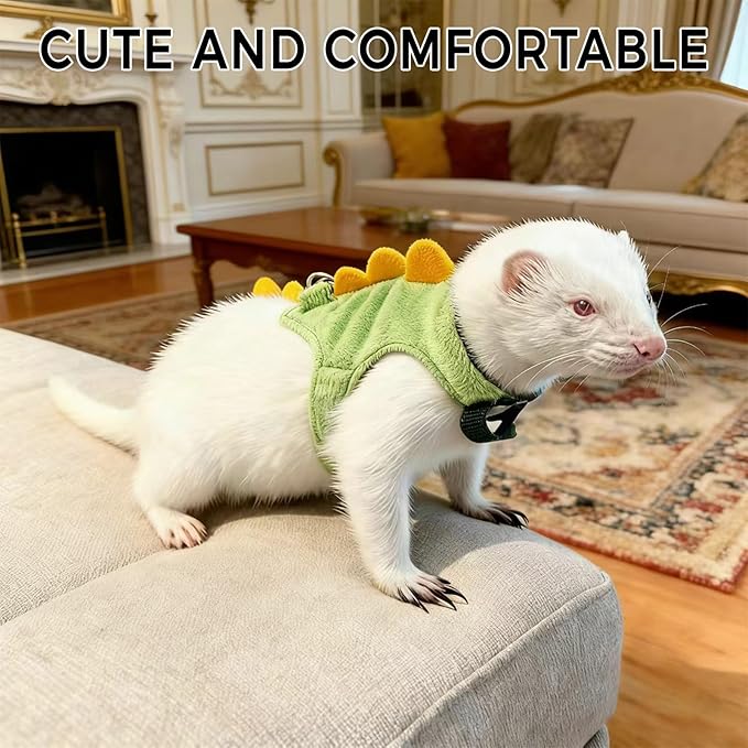 Harness and Leash Set for Small Pets, Dinosaur Shaped Vest Harness, Adjustable Soft Plush Vest with Bell for Guinea Pigs, Ferrets, Hamsters, Hedgehogs - Safe Outdoor Walking Adventure Gear,Blue