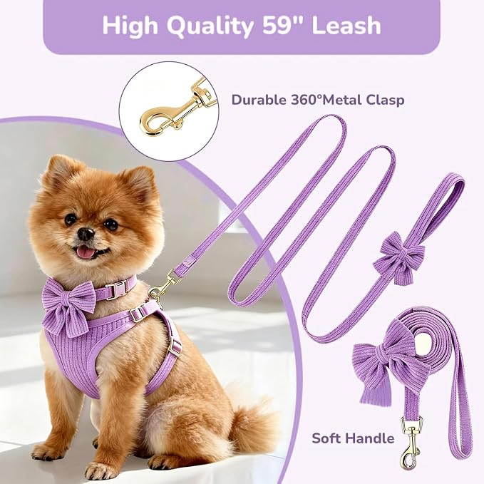 Small Dog Collar Harness and Leash Set with Bowtie, Adjustable Dog Harness Collar and Leash Set with Secure Metal Buckle, Breathable Cotton Adjustable Pet Puppy Harness, Easy Walk Harness, M(16-21")