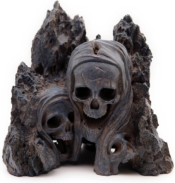 Allcolor Aquarium Skull Rock Decor, Skull Canyon for 10+ Gallon Tanks | A three-skull canyon centerpiece combines dark fantasy character with rugged rock texture.