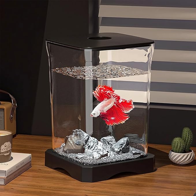 Small Fish Tank - Acrylic Aquarium, Compact LED Lighting Bowl, Modern Betta Container, Design | Desktop Decoration for Home Office, Mini Fish Habitat, Bedroom Display, Small Space