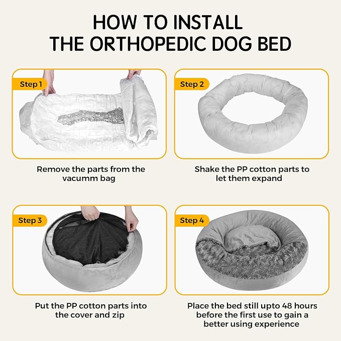Cave Dog Bed with Blanket Easy to Assemble Donut Round Plush Cozy Cat Pet Bed for Puppy Machine Washable Removable Cover Cat Anti-Slip Bottom Gray 26X26X8 inch