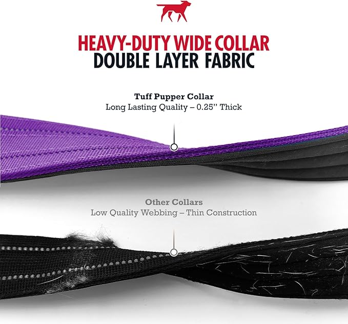 Tuff Pupper Heavy Duty Tactical Dog Collar | 1.25" Wide Ballistic Nylon | Reflective Stitching | Integrated ID Tag Holder | Stainless Steel Buckle | Padded Lining | Small & Medium Dogs (Purple, Small)