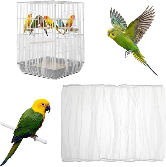 Bird Cage Net Seed Catcher Net Cove White Adjustable Breathable Mesh Parrot Cage Skirt Guard for Parrot Cockatiel Budgie Fits Round Square Cages
