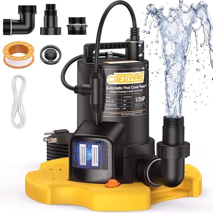 CrestWave Automatic Pool Cover Pump & Submerible Sump Pump, 1/3HP | Unique External Sensor Switch - Clog-Free, Stays Responsive, Auto 2-in-1 Pump, w/3/4” Check Valve Adapter