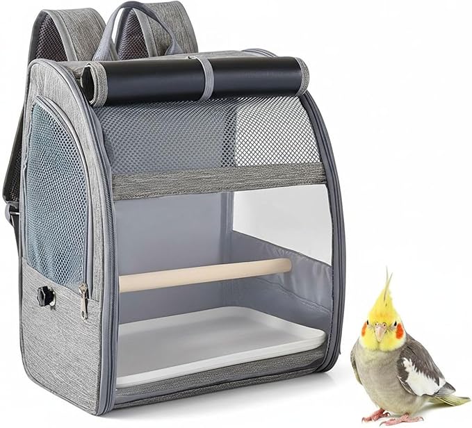 Breathable Bird Backpack Carrier, Gray Pet Travel Cage with Mesh Window, Portable Parrot Backpack for Cockatiel, Pigeons, Includes Removable Perch & Tray, 12.2 X 9.6 X 15 in
