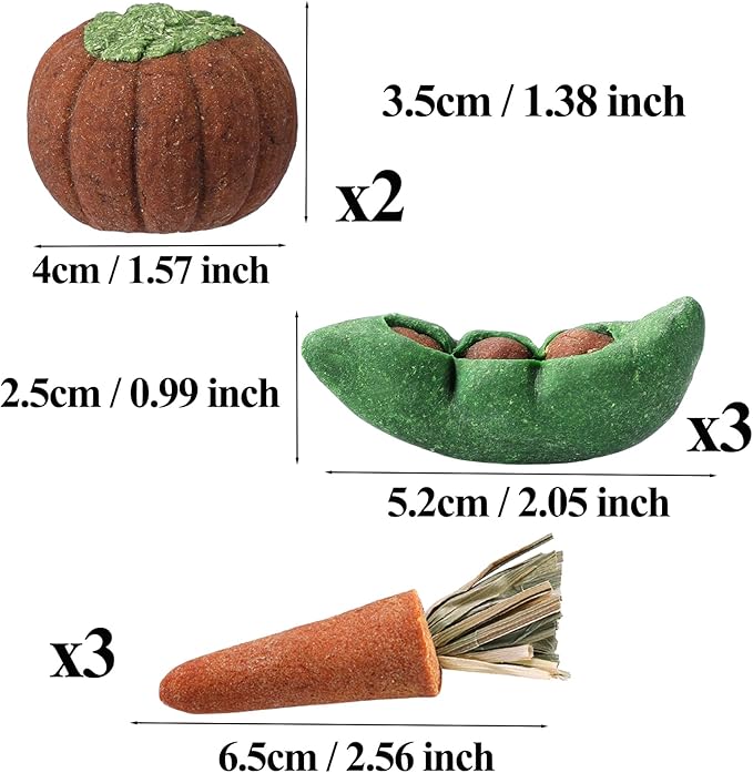 HERCOCCI 8Pcs Guinea Pig Chew Toys, Hamster Toys Prevent Excessive Teeth Growth Natural Vegetables Carrot and Timothy Grass for Guinea Pig Rabbit Chinchillas Gerbil