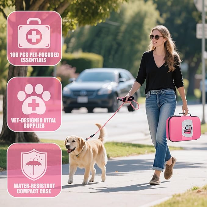 Pet First Aid Kit for Dogs - Pet Emergency Kit for Camping Hiking Traveling Hunting and Sports (Pink)