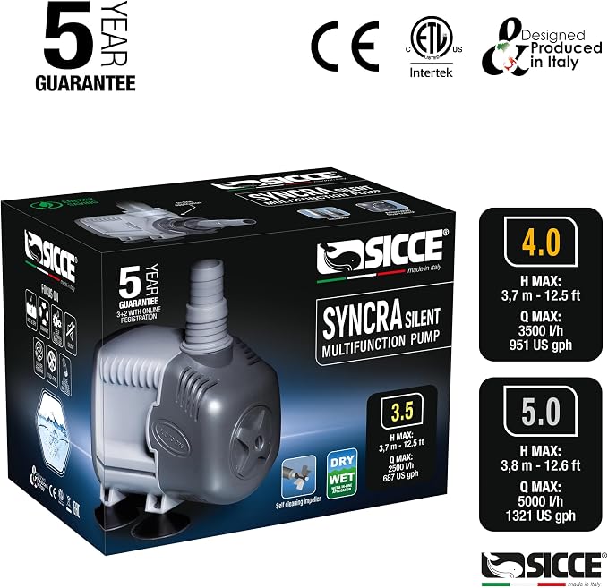 SICCE Syncra Silent 3.5 Multifunction 687 GPH Submersible Water Pump | Italian Made 68W Ultra Quiet Durable Aquarium Fish Tank, Fountain, Pond, Hydroponics, Terrarium Black | Freshwater & Saltwater