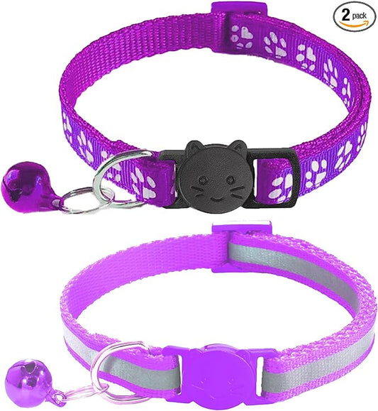 2 Pack Breakaway Cat Collars with Bells, Reflective Design and Claw Print Design, Safety Buckle Kitten Collars Adjustable from 7.5 to 12.5 Inches (Purple)