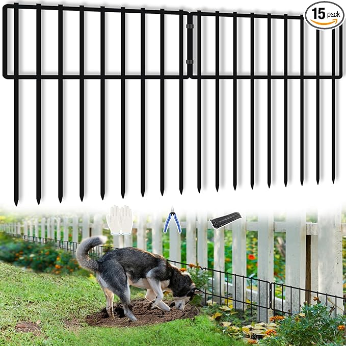 15 Panels Animal Barrier Fence, 15ft(L) X 13inch(H) No Dig Fences Rabbits Barriers, Rustproof Metal Bottom Border Dog Blockers, Ground Stakes Defense for Garden Outdoor Landscape Patio