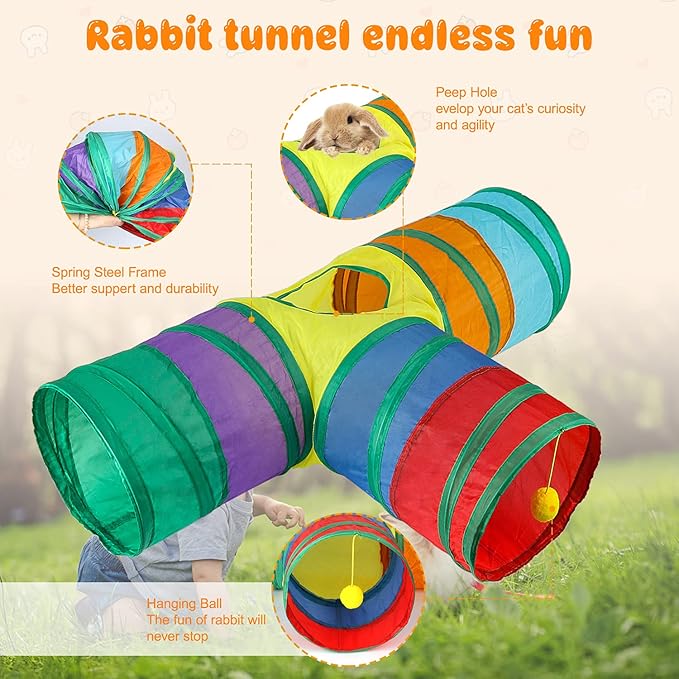BWOGUE Bunny Tunnels & Tubes Collapsible 3 Way Bunnys Hideout Small Animal Activity Tunnel Toys for Dwarf Rabbits Guinea Pigs Kitty