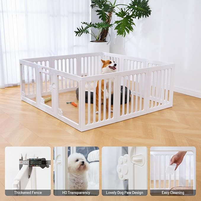 Dog Fence Pet Playpen Clear Acrylic Puppy Cat Small Play Pen Indoor Foldable Kennel Whelping Box for Dogs with Gate (5 Plastic Panels+3 Transparent Panels)