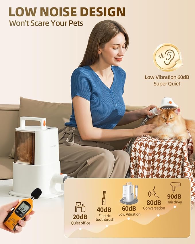 Dog Grooming Vacuum Kit for Shedding: Pet Hair Remover with Quiet Suction Cleaners and Large Capacity Dustbin for Long-Haired Dogs and Cats Home Brush and Groomer with 6 Attachments(Ivory)