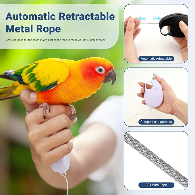 19.7FT Auto Retractable Bird Leash, Anti-Bite Wire Bird Harness, Adjustable Parrot Leash with 9 Sizes Alloy Foot Rings, Conure Cockatiel Parakeet Flying Training Rope