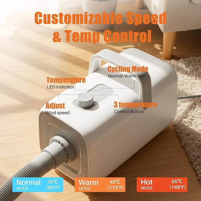 NEWBULIG Dog Hair Dryer, 1550W High Velocity Pet Blow Dryer with Heater for Grooming, Speed Temperature Adjustable Dog Blower Grooming Dryer with 4 Nozzles, White