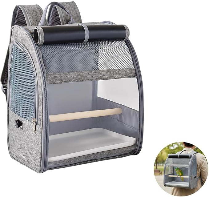 Parrot Backpack Travel Cage; 12.2 X 9.6 X 15 in Breathable Bird Carrier; Gray Backpack with Mesh Window; Removable Perch and Tray