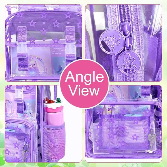 17" Clear Backpack for Girls - 3Pcs Flip Design Stadium Approved Set, Campus/Travel Transparent Bookbag (Purple)