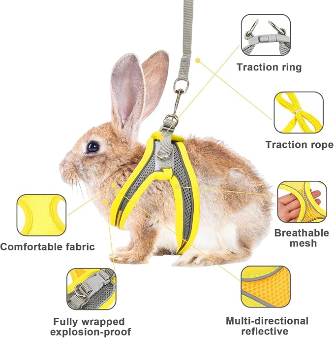 PETKNOWS 2 Pack Rabbit Harness and Leash Set, Double Buckle Bunny Harness with Reflective Strips Soft Breathable Mesh Vest Harness for Rabbits Walks Accessories(Pink and Yellow)