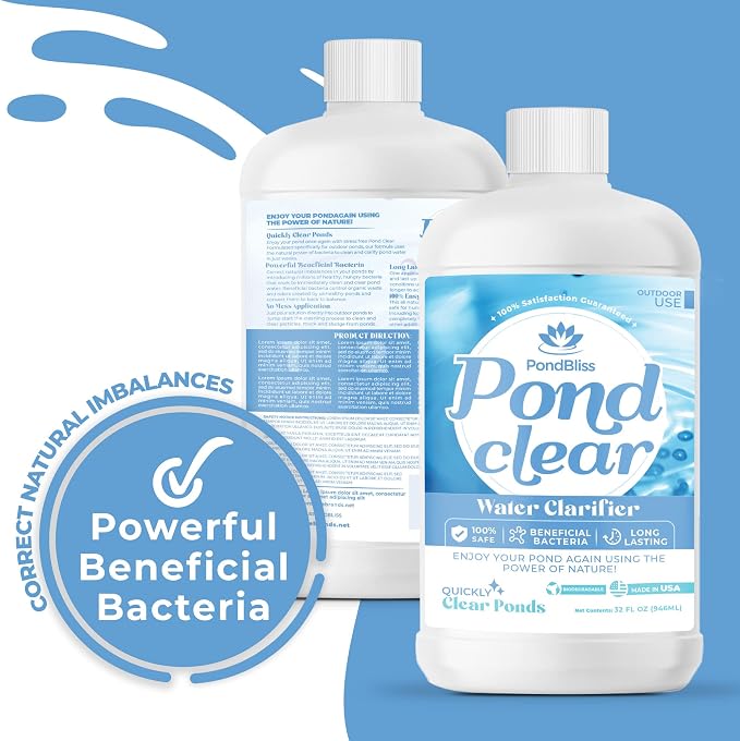 Pond Clear for Outdoor Ponds Clarifies Water and Fish Safe - 32oz | Beneficial Enzymes Reduce Pond Muck and Odors, Long Term Treatment for Large Ponds, Safe for Koi and Wildlife