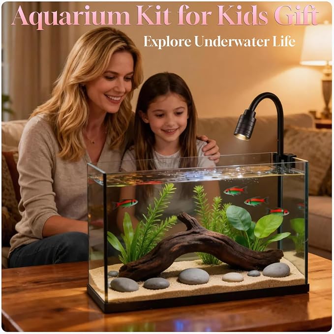 Ultra-Clear Glass Rimless Black Small Fish Tank Kit | 2Gal Nano Desktop Fish Tank with Light Cleaning Tool & Décors,Small Fish Aquarium for Betta,Shrimp,Small Fish