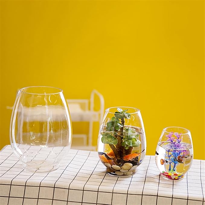 Fish Bowl Fish Tank Transparent Oval Small Fish Tank Glass Turtle Tank Ecological Tank Aquatic Plants Home Desktop Ornaments Living Room(Large)
