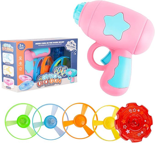 Berry President Flying Saucer Toy, Flying Disc Launch Playset with Rotating Flash Light, Indoor Outdoor Twist Shoot Toy for Kids Aged 3 Years Old & Up (Pink)
