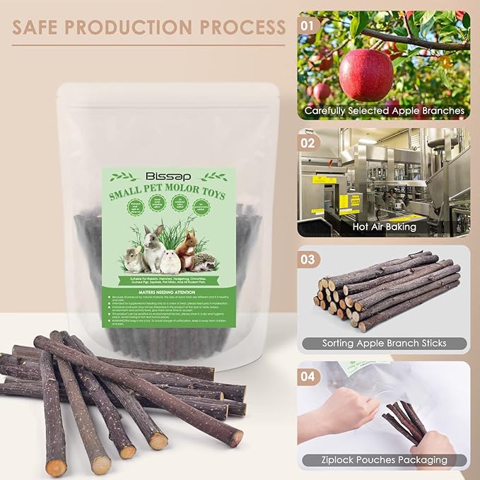 Bissap Apple Sticks for Rabbits, Natural Bunny Chew Toys and Treats for Chinchilla Guinea Pig Hamster Gerbil Small Animals Pet Apple Wood Stick Toys Teeth Grinding (120g/4.2oz)