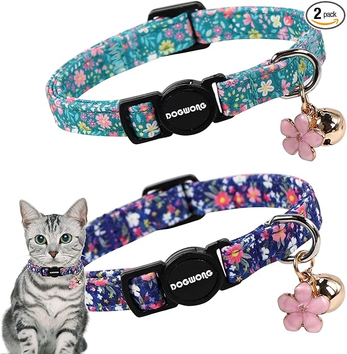2 Pack Green Flower Cat Collars Breakaway with Bell, DOGWONG Safety Buckle Blue Floral Cute Cat Collar for Girl Boy Cats，Adjustable 7-12 Inch