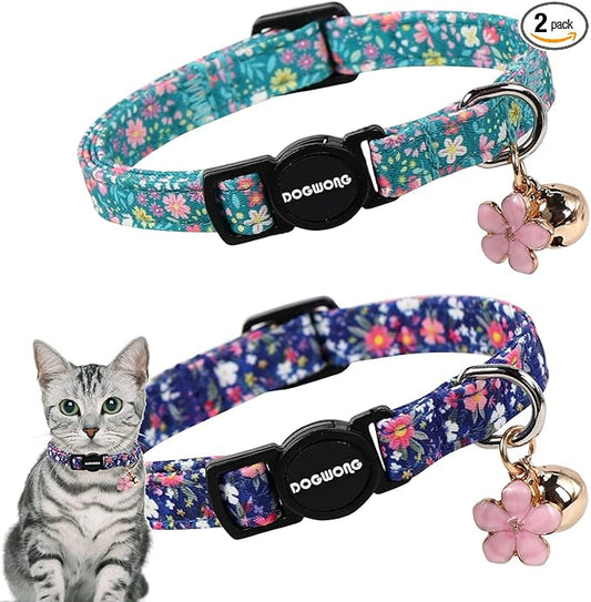 2 Pack Green Flower Cat Collars Breakaway with Bell, DOGWONG Safety Buckle Blue Floral Cute Cat Collar for Girl Boy Cats，Adjustable 7-12 Inch