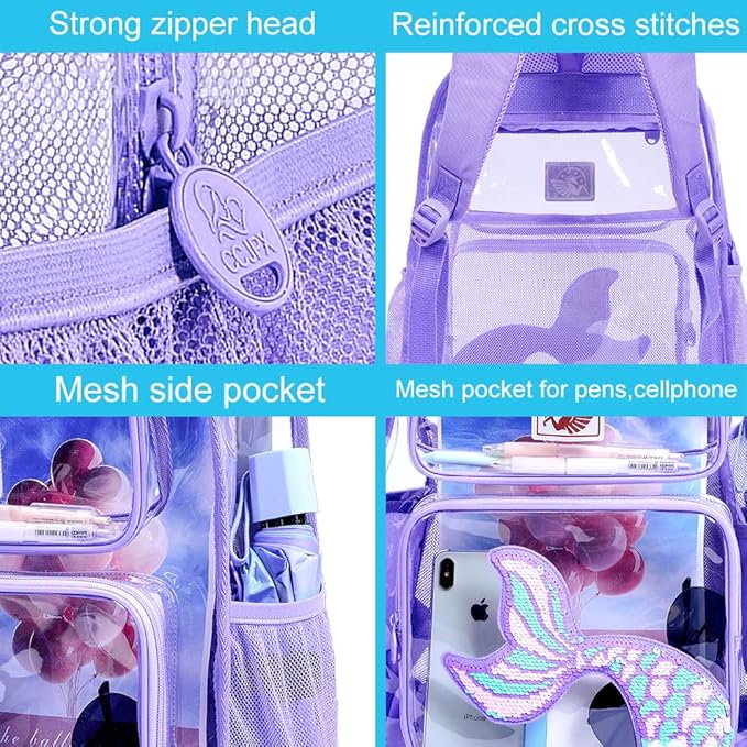 AGSDON 3PCS Clear Backpack for Girls, Kids Mermaid Transparent Backpack with Heavy Duty PVC, See Through Backpacks with Lunch Bag-Purple