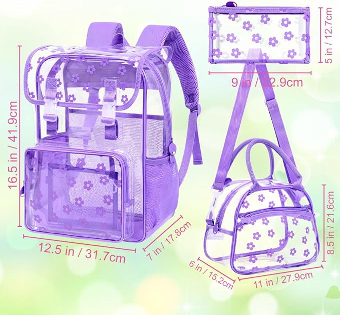 17" Plum Blossom Clear Backpack for Girls - 3Pcs Flip Design Stadium Approved Set, Campus/School Transparent Bookbag (Purple)