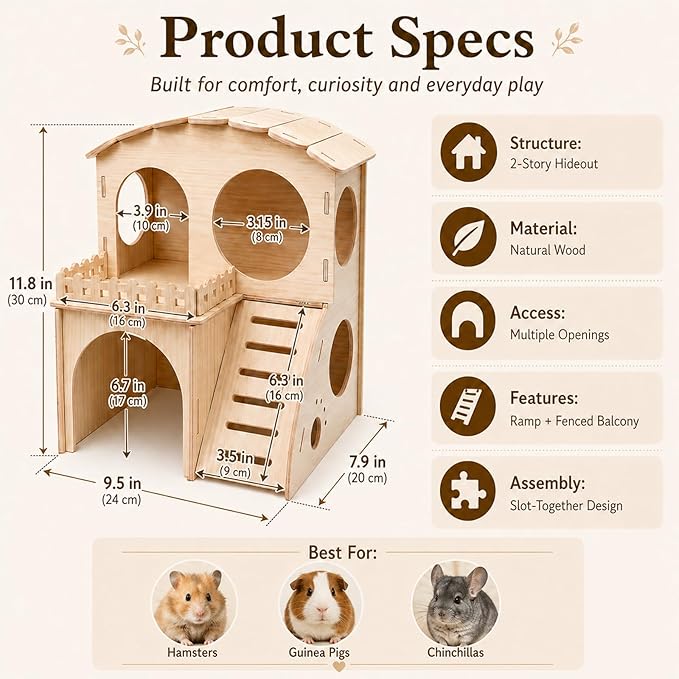 Large Guinea Pig Hideout Place, Double Layered Wooden Hamster House with ramp and Hamster Platform. Suitable for Hiding Places for Small Animals Such as Guinea Pigs, Hamsters, Rabbits, etc.