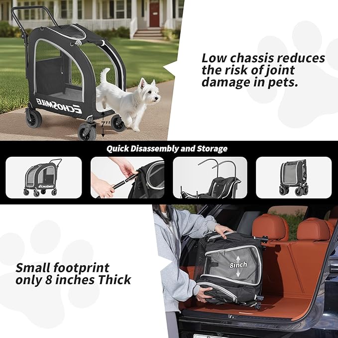 EchoSmile 4 Wheels Pet Stroller, Dog & Cat Stroller for All-Season, Lightweight Carrier with Storage Basket, Adjustable Handle, Removable Pad, Breathable Mesh, Up to 135 lbs, Black (Black)