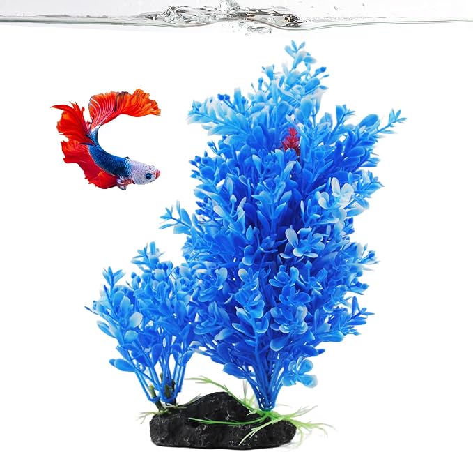PINVNBY Artificial Plants for Betta Fish Tank,Plastic Aquarium Plant with Resin Base Realistic Goldfish Tank Aquatic Plants Decoration(Blue)