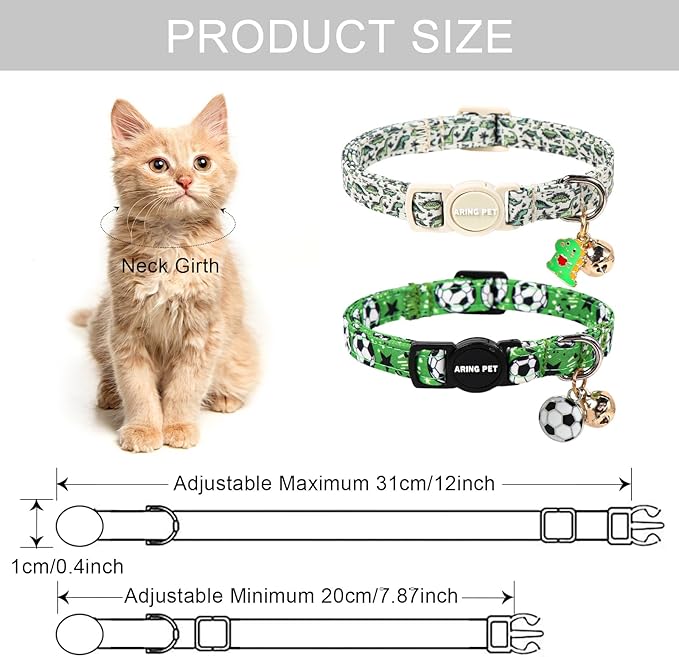 ARING PET 2 Pack Cat Collars with Bell, Cute Soft Cotton Kitten Kitty Breakaway Summer Cat Collars for Boy Girl Cats-Dinosaur & Green Soccer