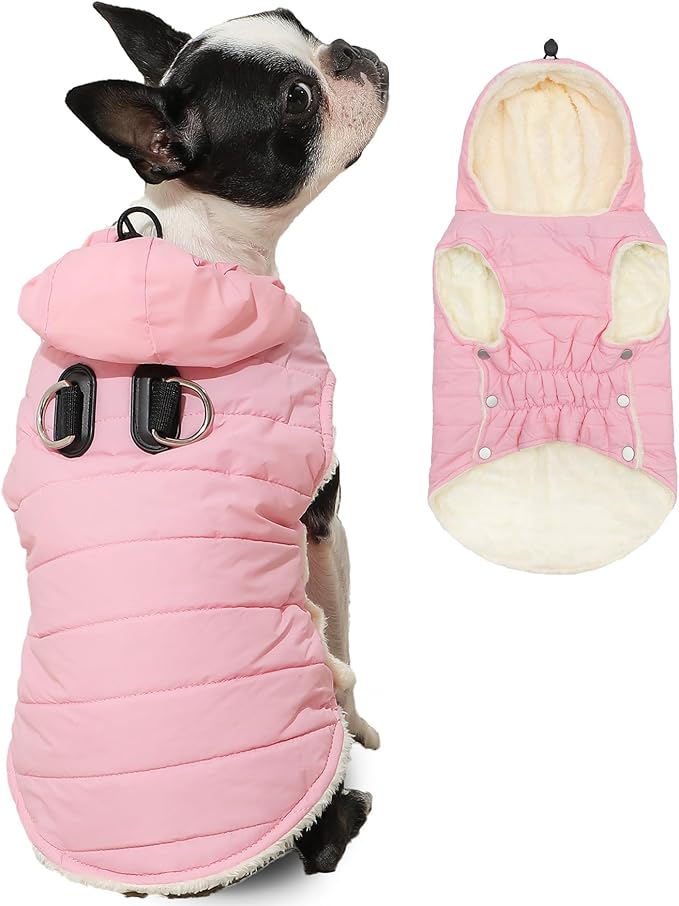 Vecomfy Fleece Lining Dog Hoodie with Harness Built in,Extra Warm Large Dog Jacket in Winter Doggie Coats with Drawstring Hooded,Light Pink XXXL