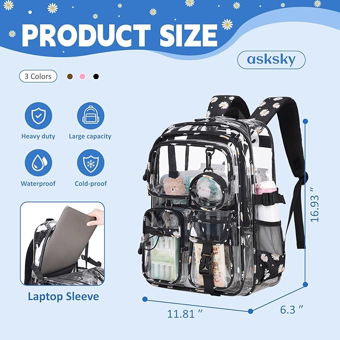 Clear Backpacks for Stadium Events Heavy Duty Clear Bookbag for School Girls Transparent Back Pack, Black