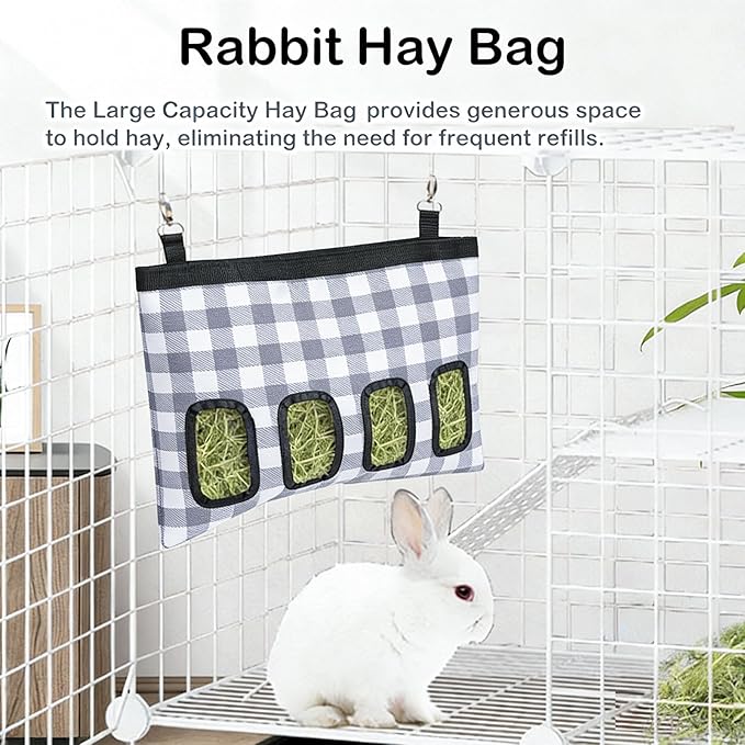 Rabbit Hay Feeder Bag, Large Capacity Rabbit Hay Bag Small Animal Hanging Hay Bag 600D Oxford Cloth Bunny Hay Feeder Bag for Rabbits Guinea Pigs Chinchillas (Plaid-4 Holes-1Pcs)