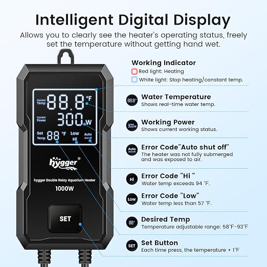 hygger 1000W Aquarium Heater, Upgraded Submersible Fish Tank Heater | Dual Protection System & LED Digital Display, Automatic Power-Off Function, for 130-260 Gal Freshwater and Saltwater Tank