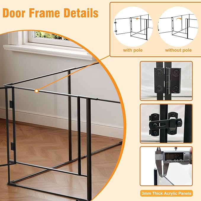 Acrylic Dog playpen Indoor: Clear Puppy Pen for Small Medium Dogs Cats with Metal Frame - 8panels 24inch Tall Transparent pet Fence with Door for Rabbits Guinea Pig