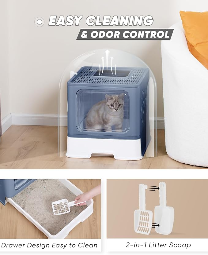 Covered Litter Box, Large Litter Box for Big Cats, Enclosed Cat Litter Boxes with Lid, Top Entry Kitty Litter Box with Scoop, Odor Control, Easy to Clean (Blue)