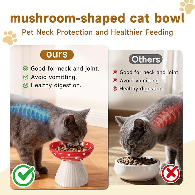 Mushroom Cat Bowl,Whisker Fatigue Cat Bowl,Cute Cat Bowls,Elevated Cat Food Bowl, Lead & Cadmium Free Ceramic Cat Bowls for Food and Water. (Red)