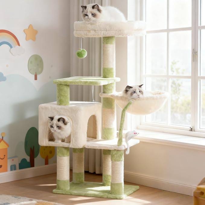 Heybly Cat Tree with Toy, Cat Tower condo for Indoor Cats, Cat House with Padded Plush Perch, Cozy Hammock and Sisal Scratching Posts, Green and Beige HCT004SGM