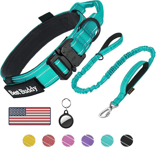 AUBELL Tactical Dog Collar and Leash Set, Reflective Adjustable Heavy Duty Military K9 Collars with Handle and Metal Buckle for Extra Large Dogs, with Airtag Case and 2 Patches(Teal,XL)