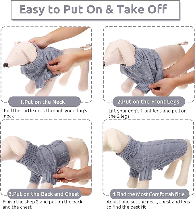 Queenmore Small Dog Pullover Sweater, Cold Weather Cable Knitwear, Classic Turtleneck Thick Warm Clothes for Chihuahua, Bulldog, Dachshund, Pug, Yorkie (Grey, Large)