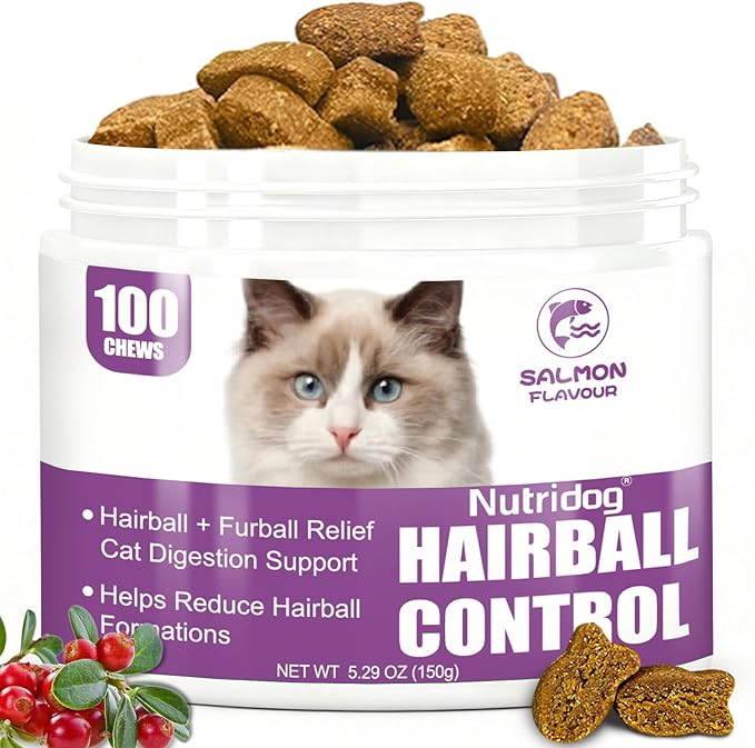 Hairball Treats for Cats - Hairball Remedy Chews with Omega 3&6, Psyllium Husk, Zinc & Biotin - Salmon Flavor for Hairball Control, Digestive Health & Skin Support, 100ct (ND-044)